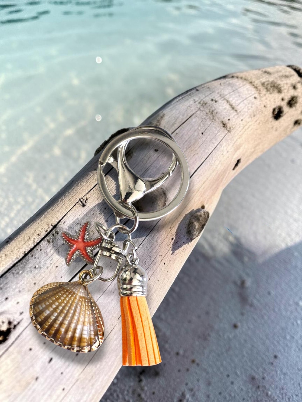 Coastal Bag Charm / Keychain with Coral Starfish & Orange Tassel